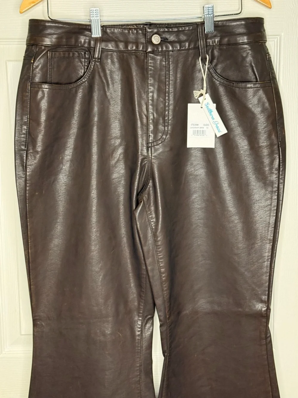 Southern Grace Brown Faux Leather Flare Pants High Rise Wide Leg NWT 12 - Picture 5 of 9